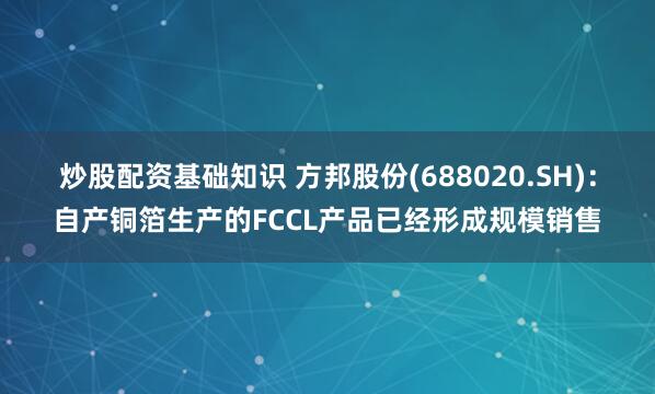 炒股配资基础知识 方邦股份(688020.SH)：自产铜箔生产的FCCL产品已经形成规模销售